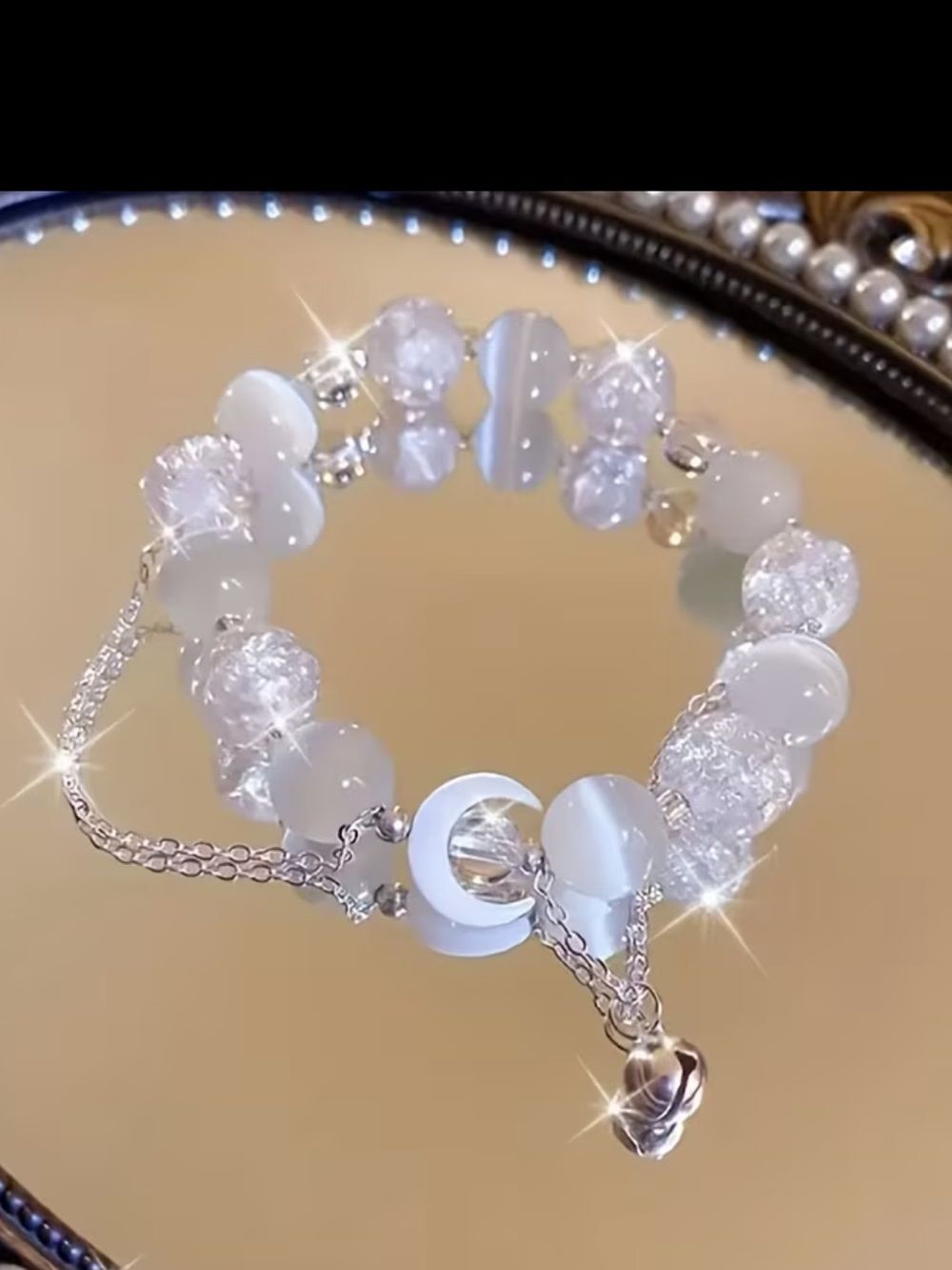 Elegant Moon Glass -White Beaded Bracelet with Silver Accents